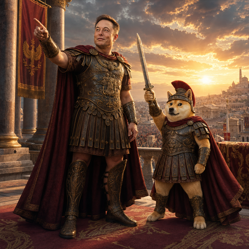 Elon in Roman armor standing beside Emperor Dogeus Maximus