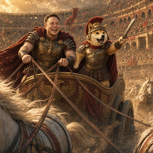 Elon and Emperor Dogeus Maximus racing a chariot through the colosseum